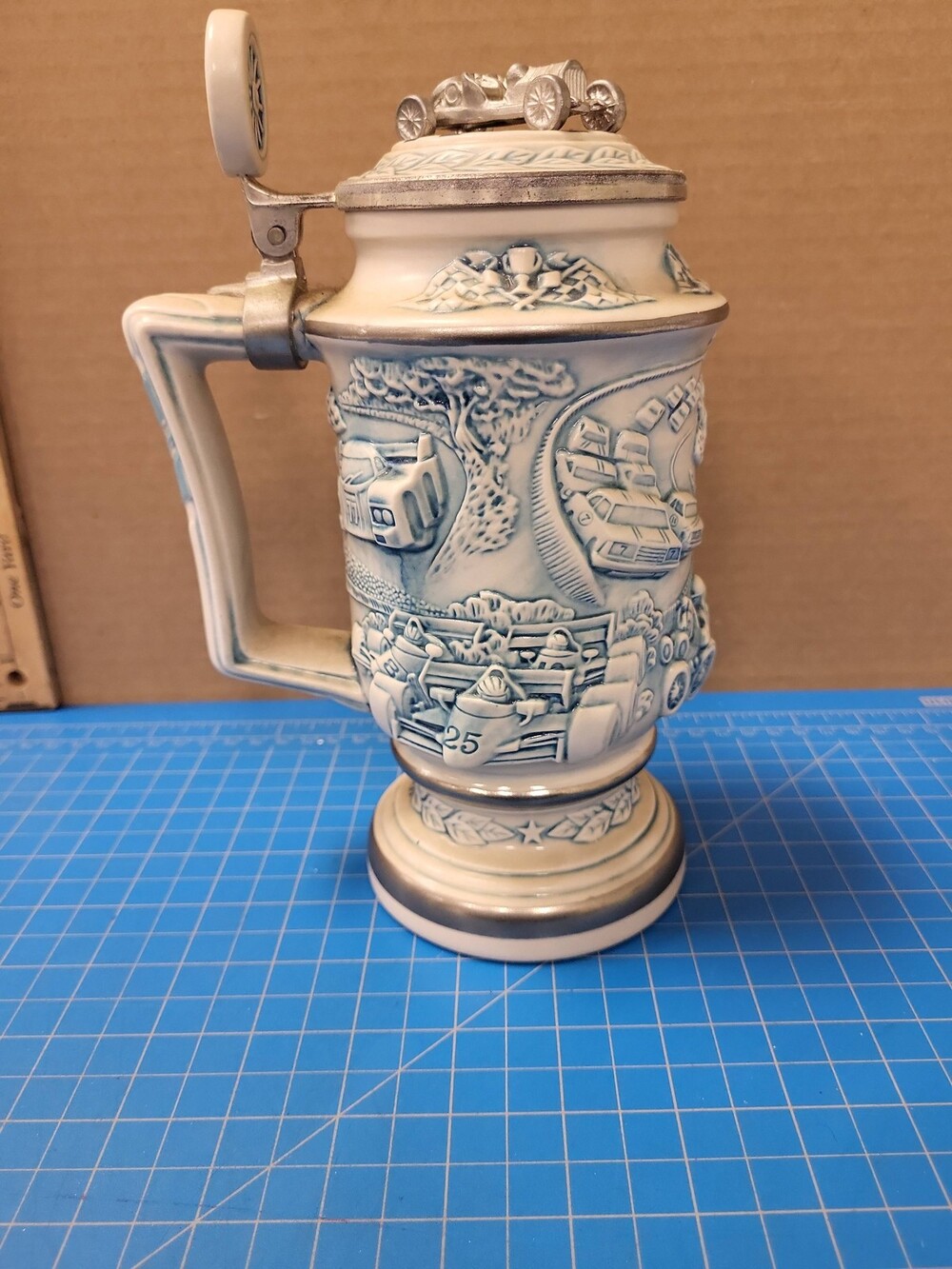 Avon 1989 Racing Car Stein Brazil Collectible Beer Stein Mug Lid Handle Vintage